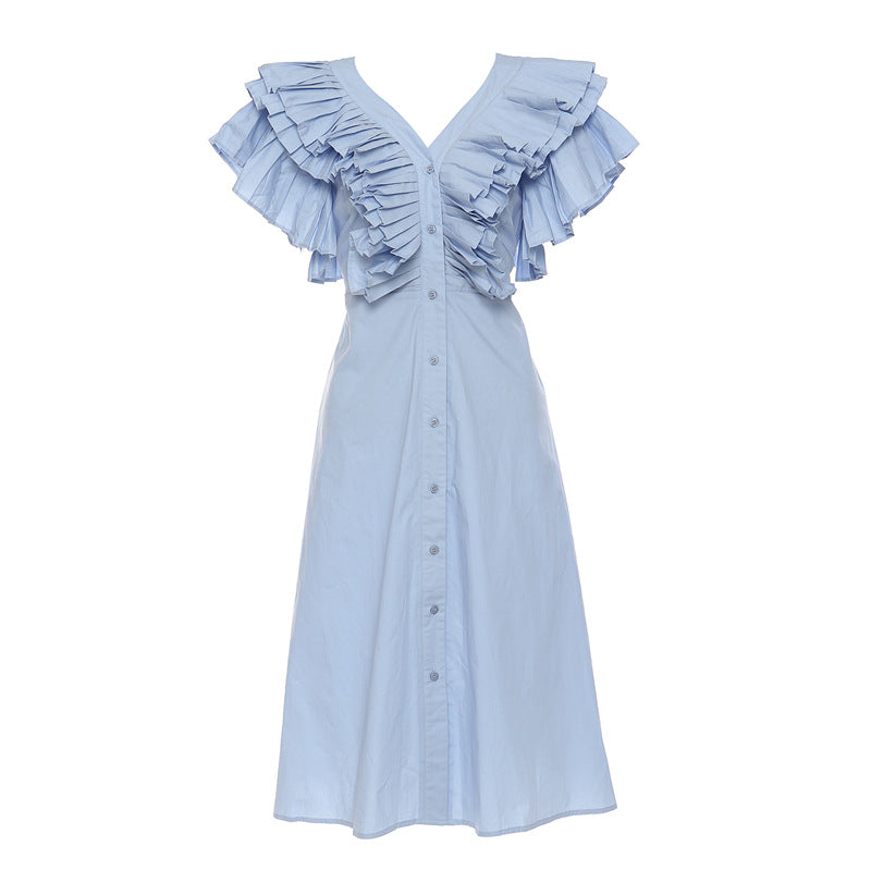 Romantic Beautiful Heavy Industry Pleated V Neck Long Tie Shirt Dress Women