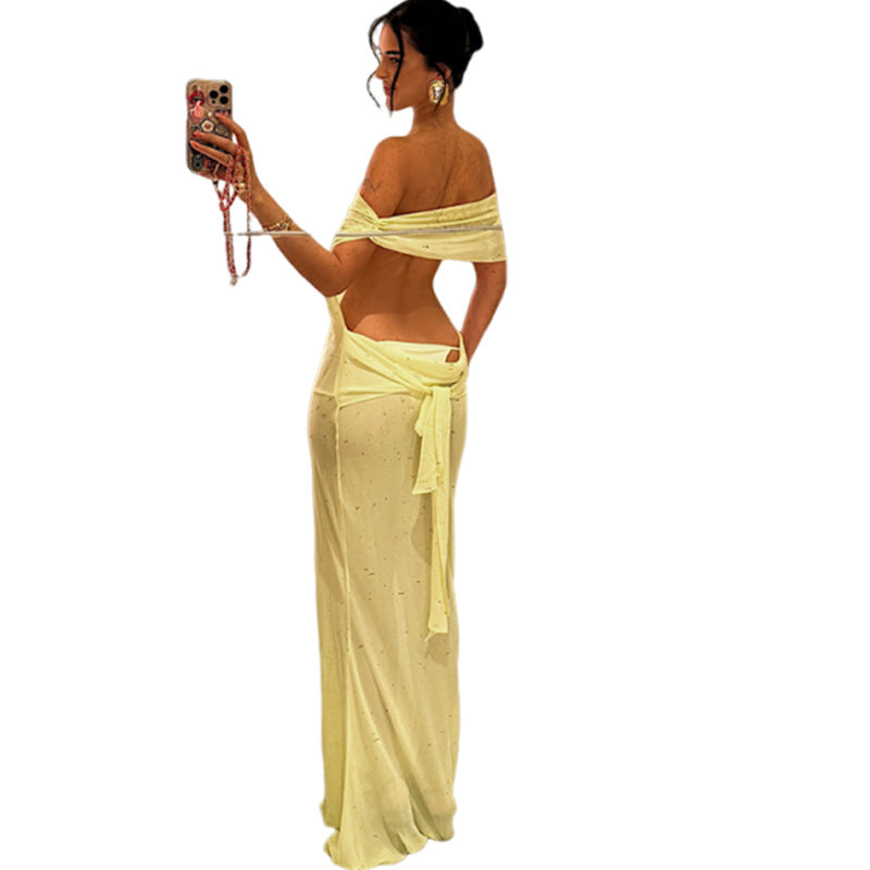 Yellow Sheer Mesh Backless Sheath Dress with Ruched Tie Detail