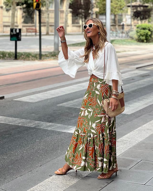 Women's Green Floral Print Maxi Skirt