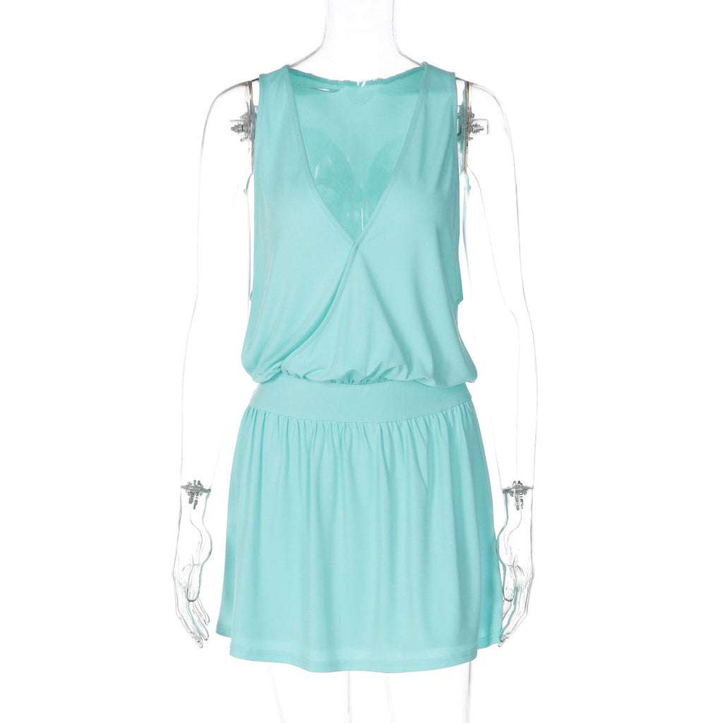 Women Clothing Sexy Deep V Plunge neck Sleeveless Vest Faux Two Piece Waist Slimming Dress