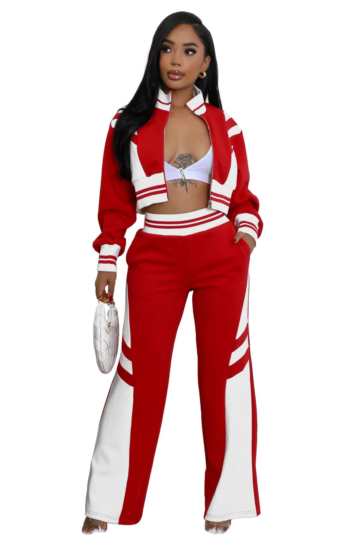 Women's Knit Two Piece Pant Set | Crop Zip Jacket & Wide Leg