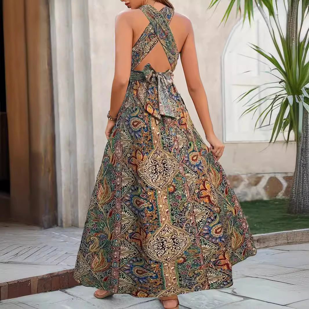 High Waist Bohemian Backless Maxi Dress for Beach and Resort Wear