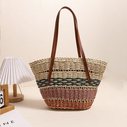 Colorful Striped Shoulder Straw Bag Large Capacity Straw Bag Woven Bag Rattan Women Bag Portable Vegetable Basket