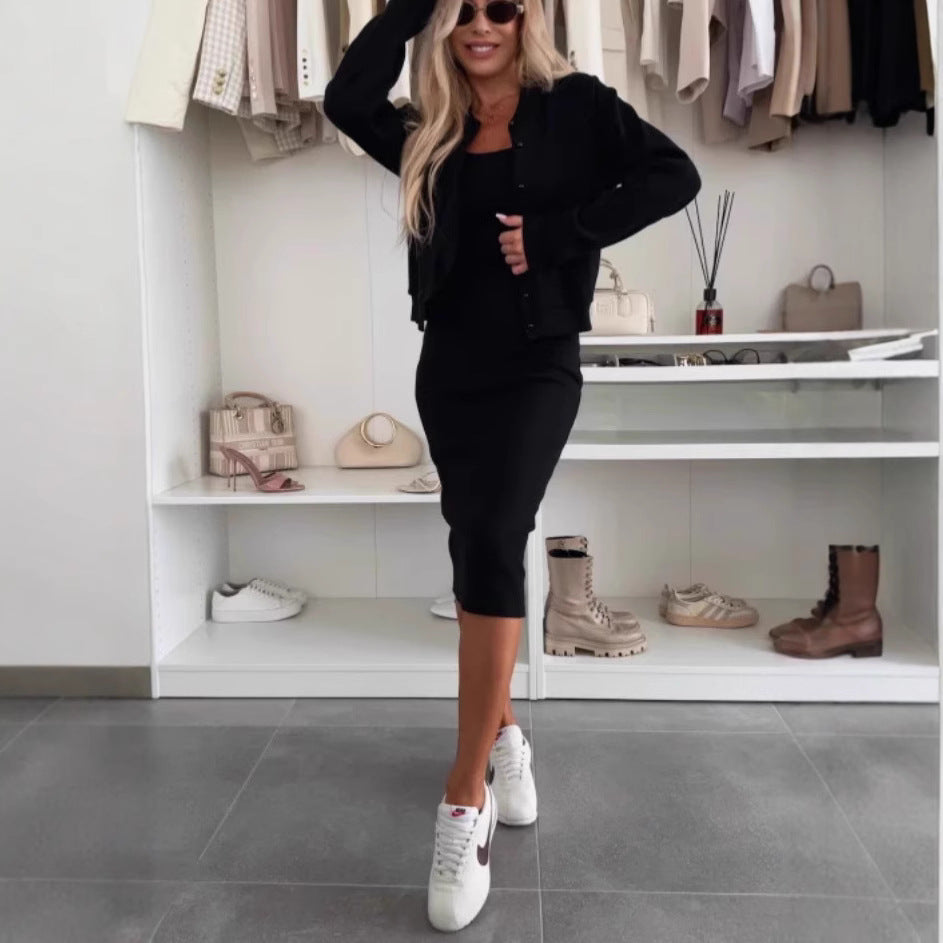 Solid Color Sling Dress and Long Sleeve Cardigan Two-Piece Set
