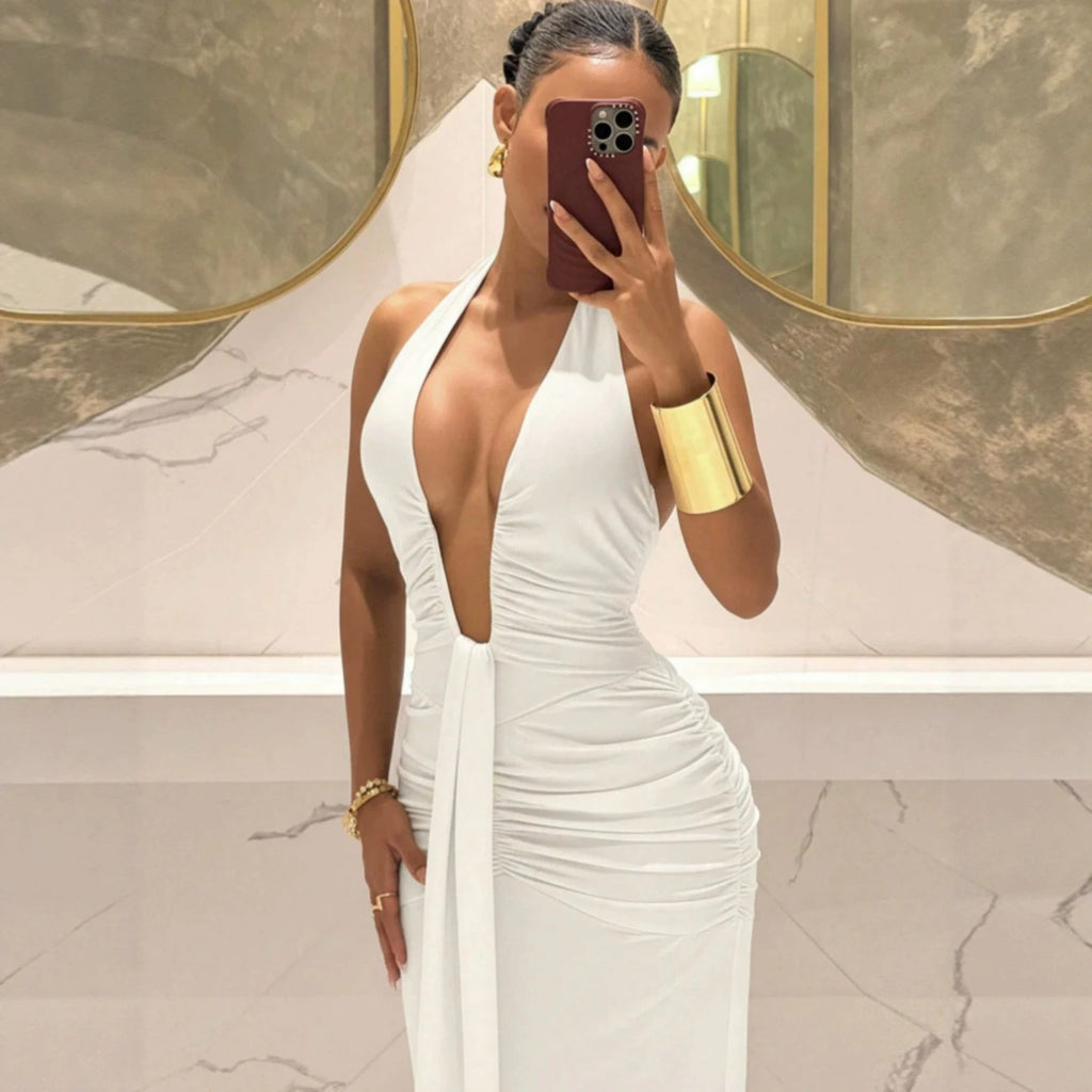 Women Halter Deep V Plunge Pleated Slim Fit Mopping Dress Slimming Sheath Fishtail Dress