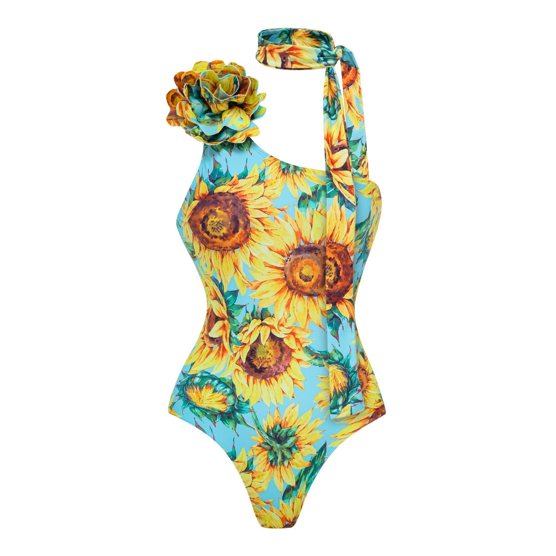 Women’s Sunflower Print One Piece Swimsuit Boho Asymmetric Tie