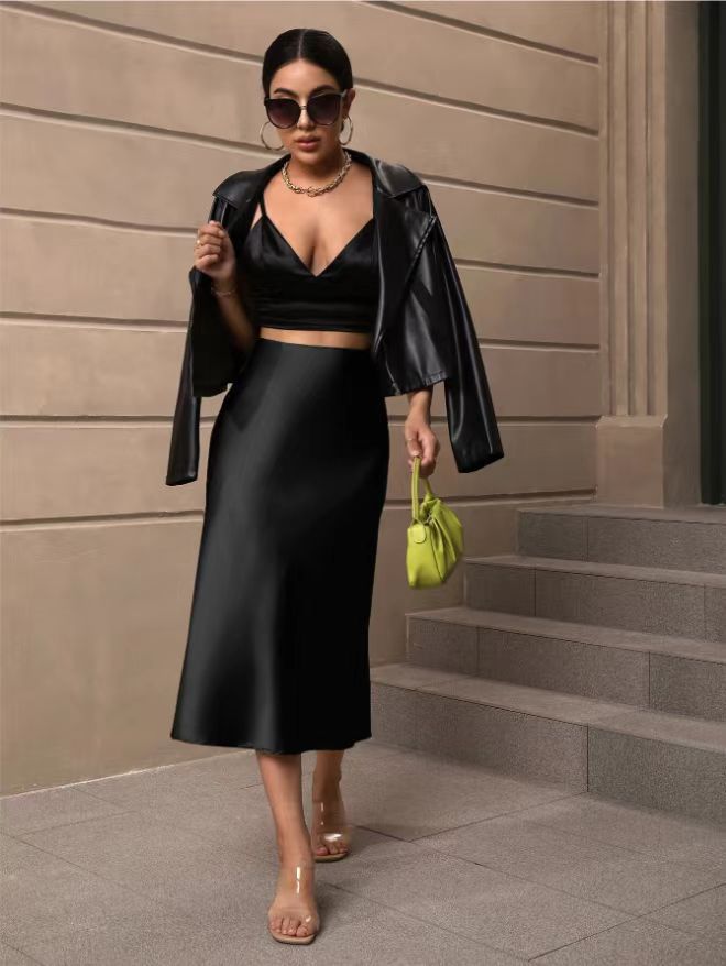 Hip Wrapped Fishtail Skirt Satin Mid Length Skirt Autumn Women Clothing Direct