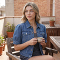 Collared Bubble Sleeve Single Breasted Pocket Design Washed Denim Short Sleeve Jacket Women