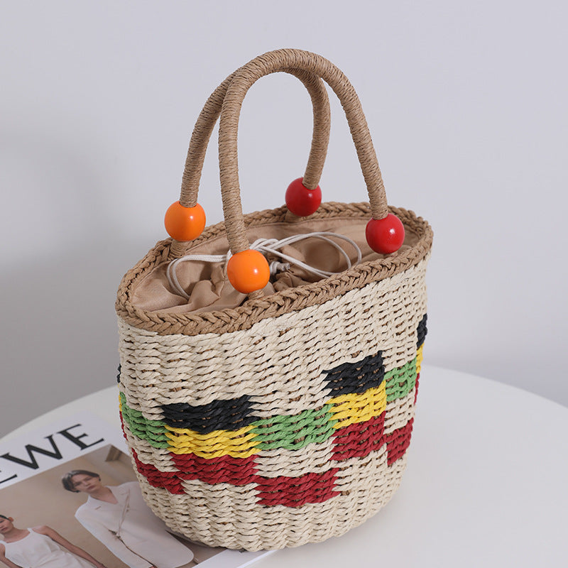Woven Straw Picnic Basket Bag with Colorful Wooden Bead Accents