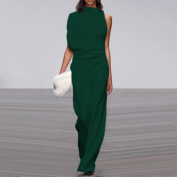 Women Pants Solid Color One Shoulder Pile Collar Jumpsuit Popular Dress Trousers