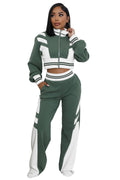 Women's Knit Two Piece Pant Set | Zip Crop Top & Wide Leg