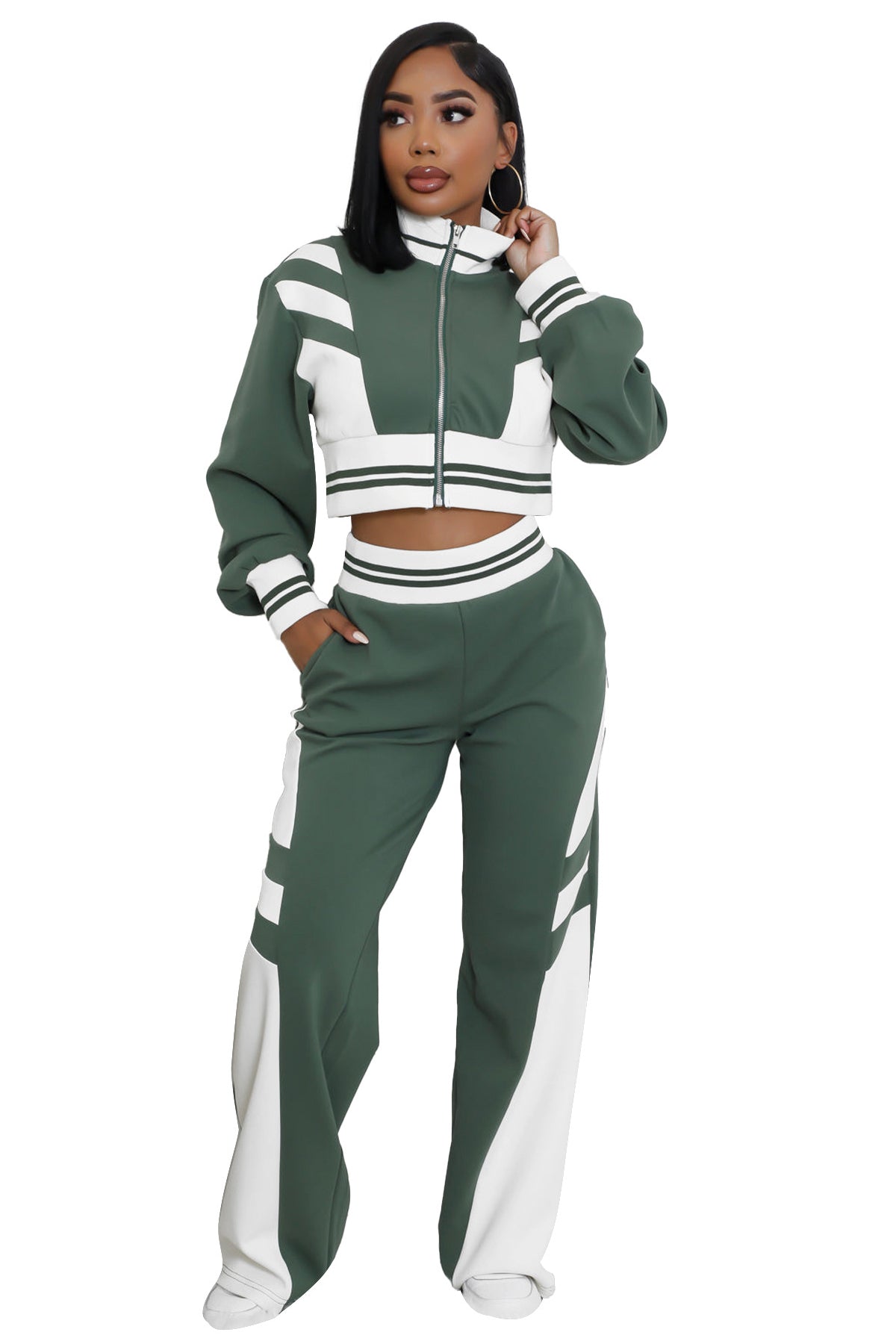 Women's Knit Two Piece Pant Set | Zip Crop Top & Wide Leg
