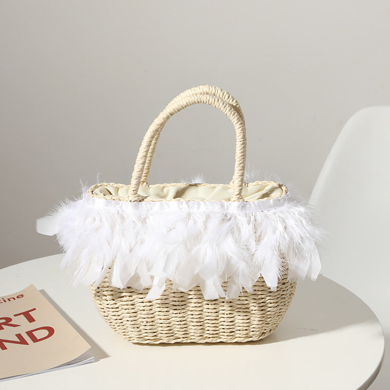 Whimsical Feather Trim Woven Straw Handbag for Vacation and Beach - Image 3