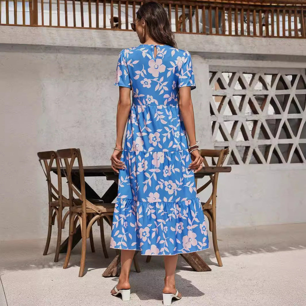 Elegant Ladies Large Floral Multi Layer Ruffled Patchwork Length Dress