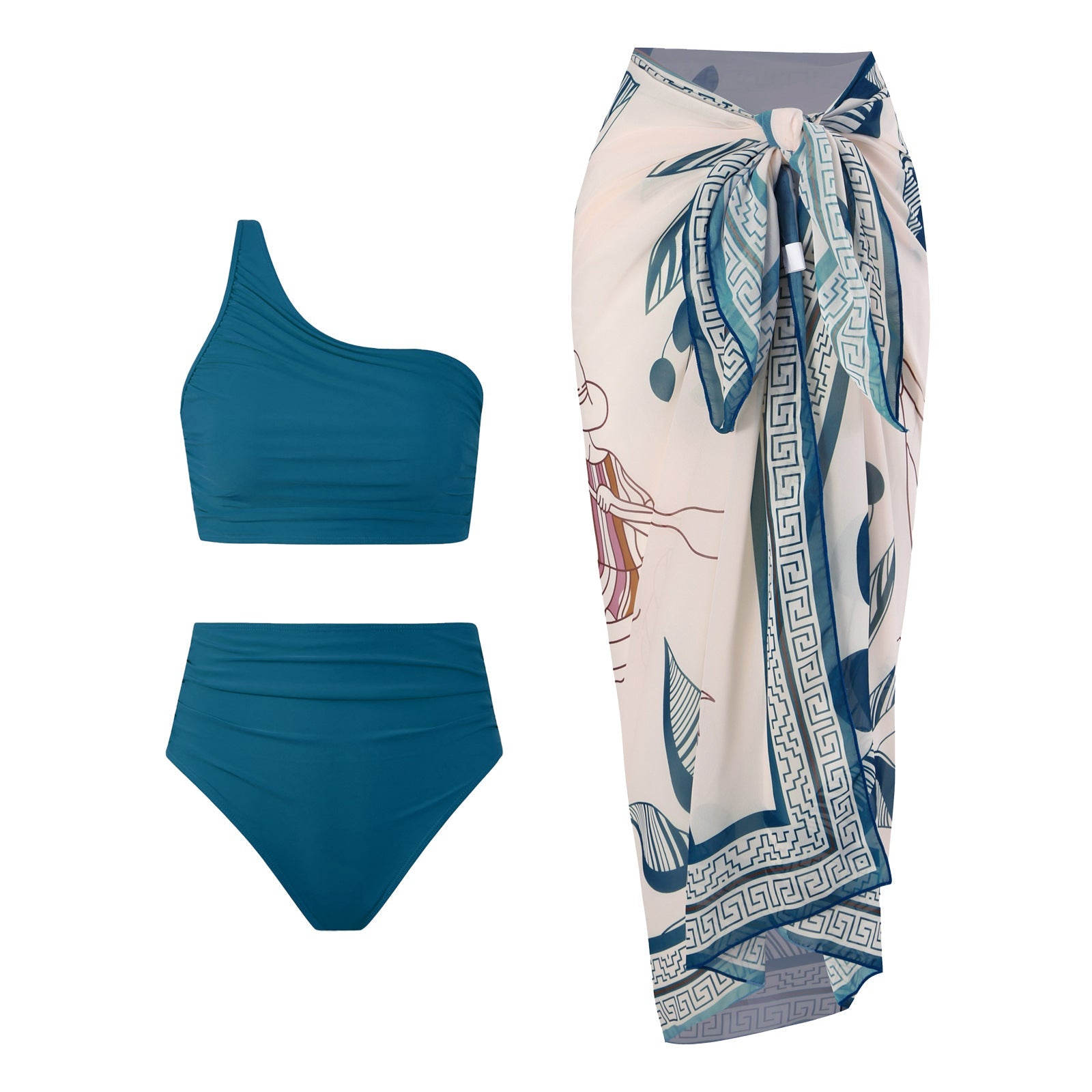 High Waist Ruched Bikini Set with Asymmetric Single Strap Design