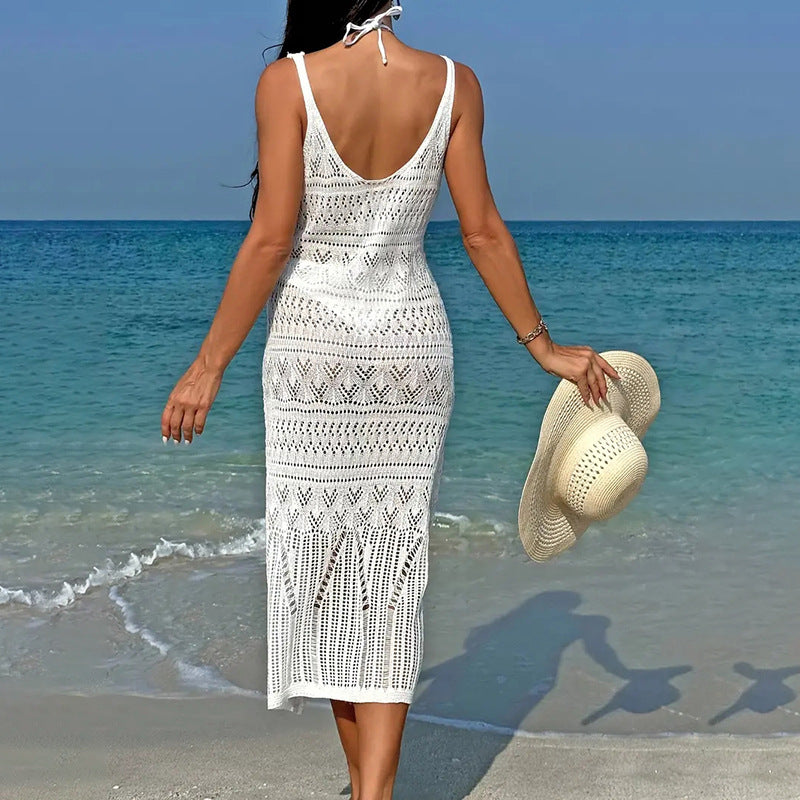 Sexy White Cutout Knit Midi Dress: Boho Beach Cover Up