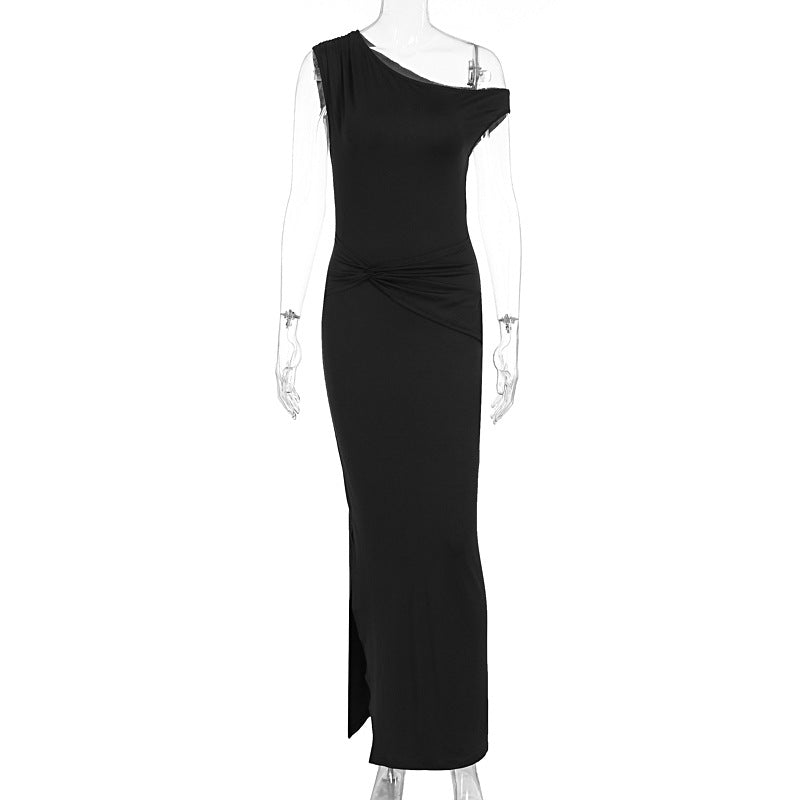 Summer Women Clothing Simple Intellectual Slant Shoulder Tight High Waist Pleated Split Dress