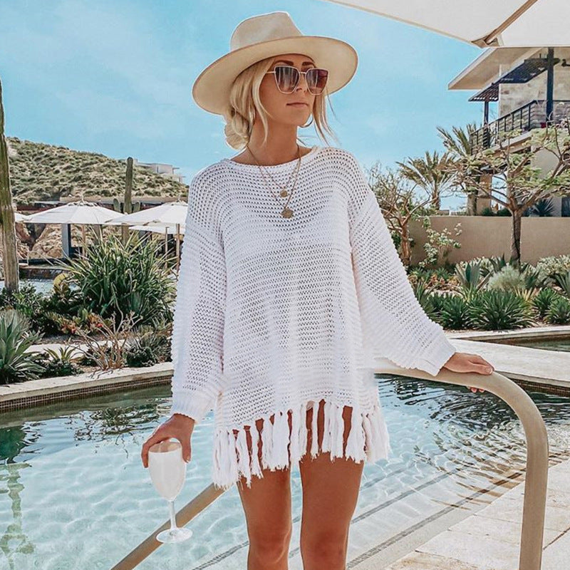 Hollow Out Cutout Knitted Tassel Beach Cover up Seaside Vacation Bikini Cover Swimsuit Outwear Sun Protection Clothing for Women Crochet hook