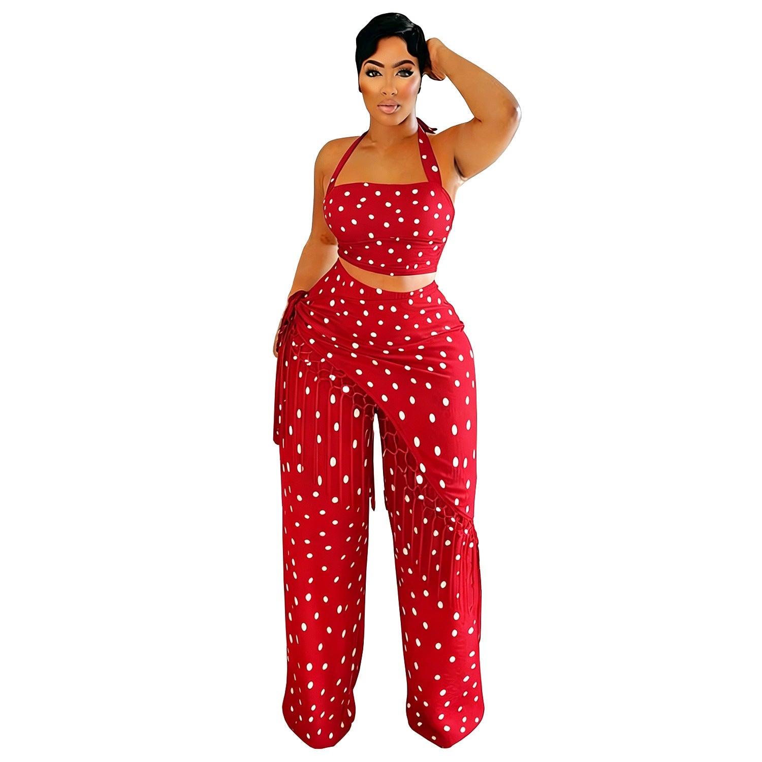 Women Wear Casual Thin Tassel Polka Dot Wide Leg Pants Set