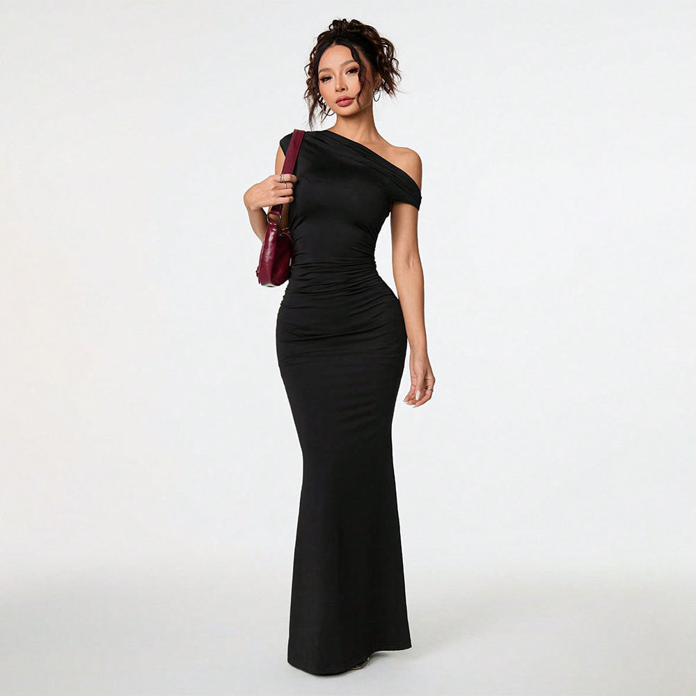 Women Clothing Sexy Socialite Dress Summer Off Shoulder Oblique Collar Black Formal Dress