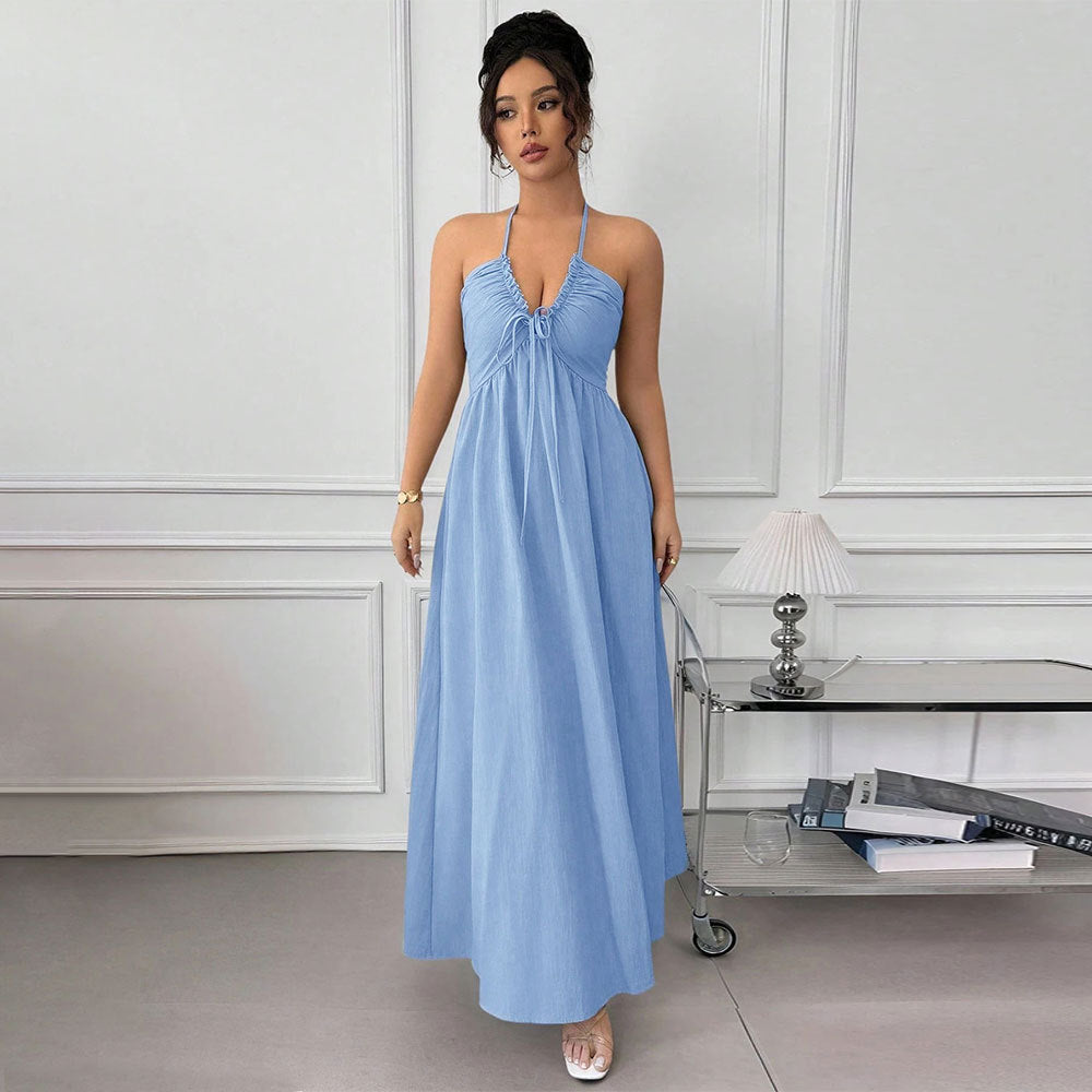 Summer Blue Halter Backless Dress Lace up Waist Slimming Seaside Vacation Gentle