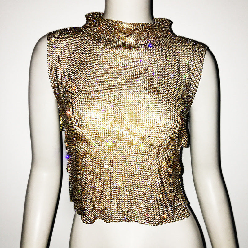 Women Clothing Full Diamond Vest Luxury Turtleneck Rhinestone Top Sexy Nightclub Sexy Vest