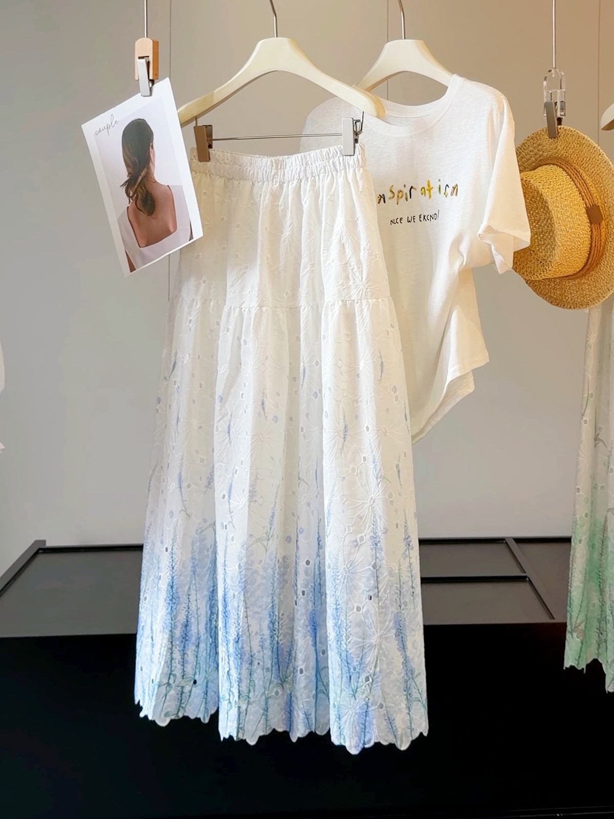 Gentle Gradient Color Embroidered Skirt Women Summer Elastic High Waist Hollow Out Cutout out Floral Stitching Cake Swing Skirt