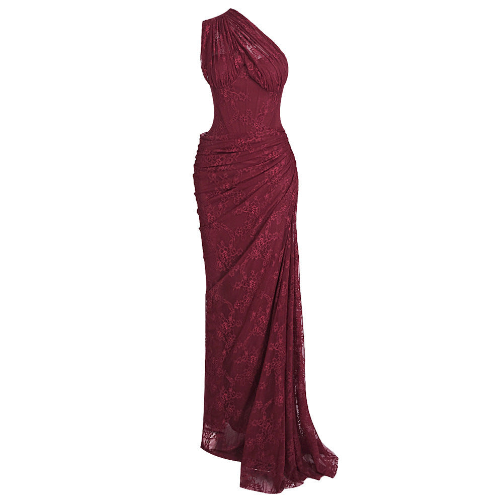 Burgundy Deep V-Neck Lace Fishtail Evening Gown