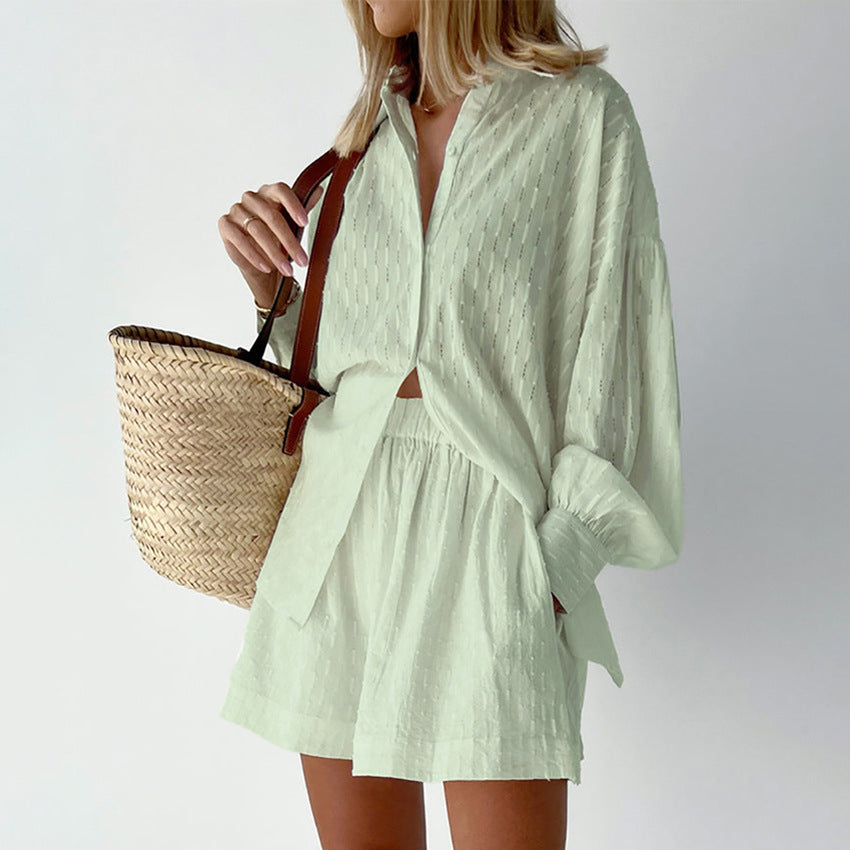 Summer French White Jacquard Cotton Puff Sleeve Casual Shorts Set Ladies Homewear Cool Pajamas