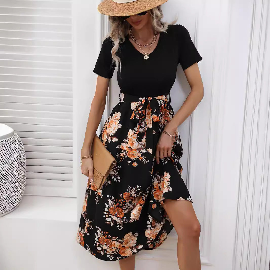 Women Clothing Summer Printed V neck Sexy Mid Length Maxi Dress