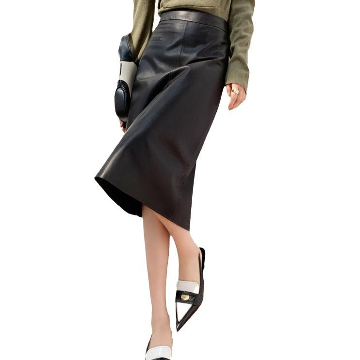 High Waist A-Line Leather Midi Skirt - Slimming Versatile Design