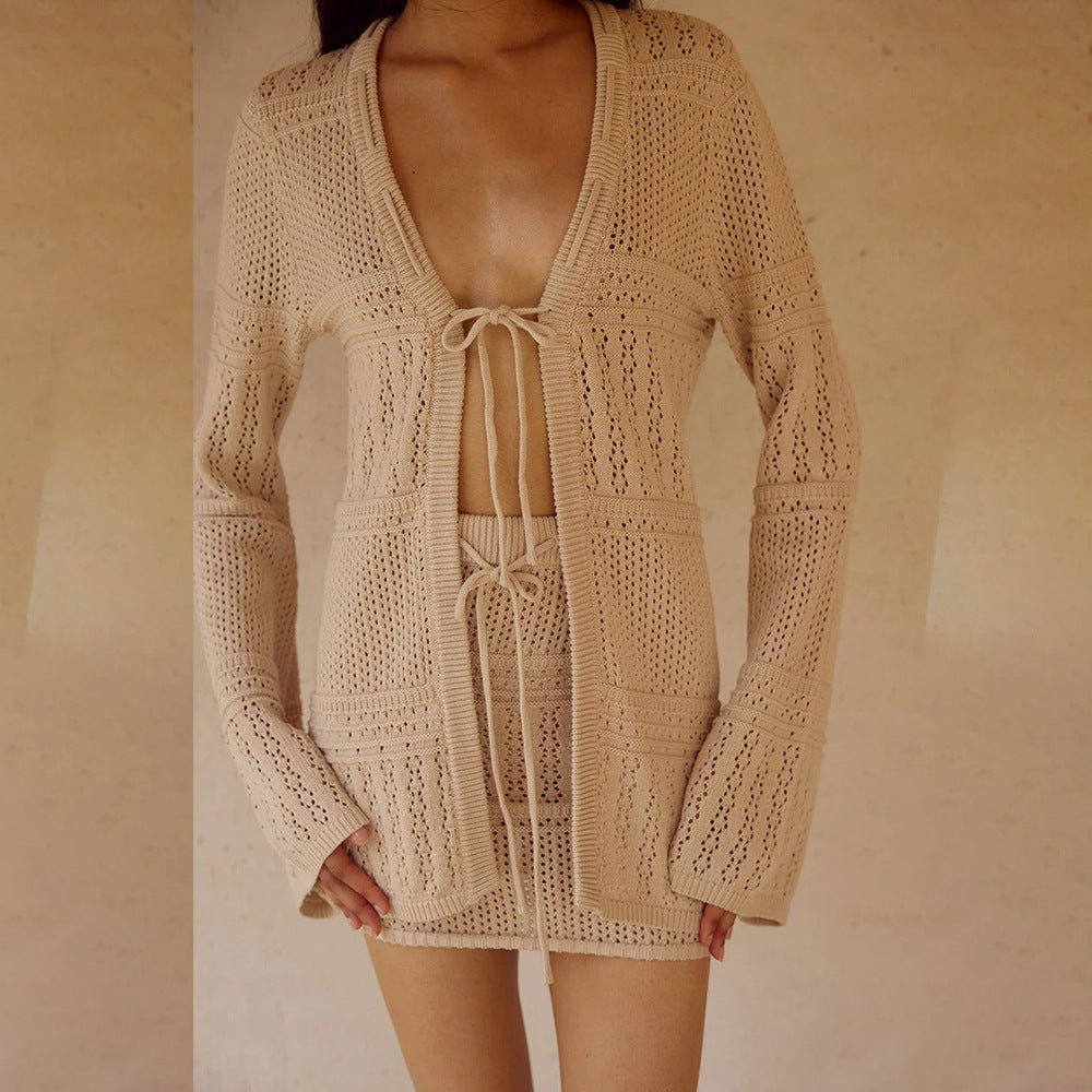 Sexy Two-Piece Knitted Beach Set: Long Sleeve Blouse & Mini Skirt