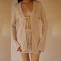 Sexy Two-Piece Knitted Beach Set: Long Sleeve Blouse & Mini Skirt