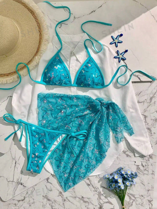 Blue Sequin Halter Bikini Three Piece Set - Boho Beach Swimwear