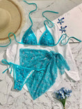 Blue Sequin Halter Bikini Three Piece Set - Boho Beach Swimwear