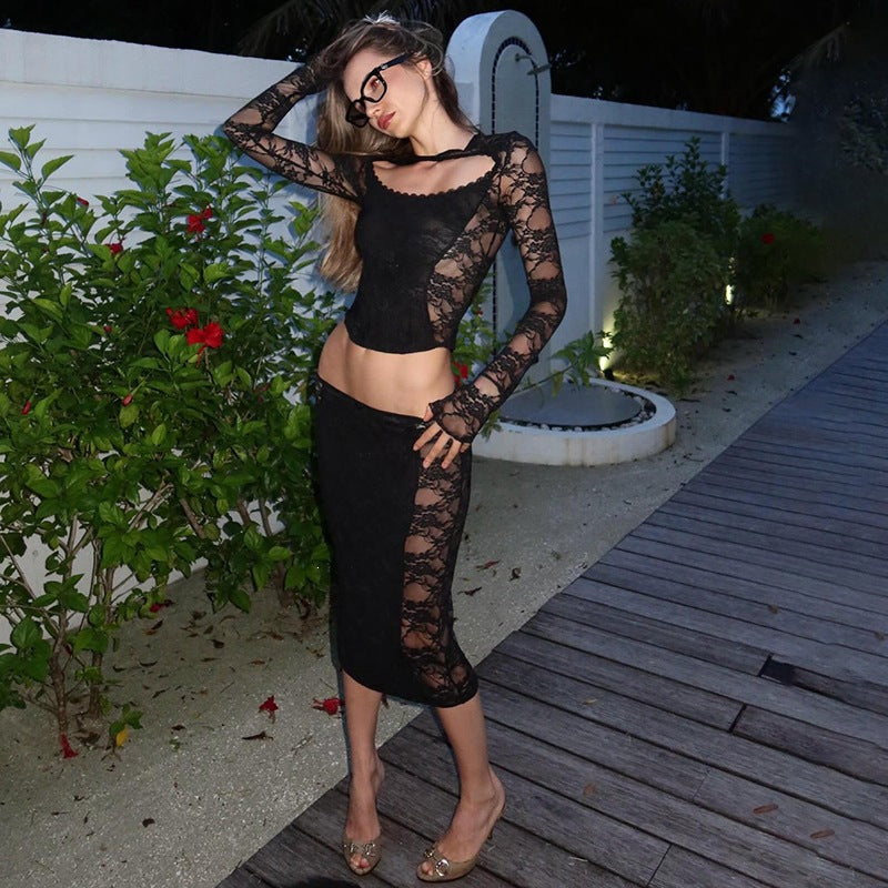 Summer Women Clothing Sexy Lace Cutout Long Sleeved Vest Low Waist Slim Skirt Set for Women