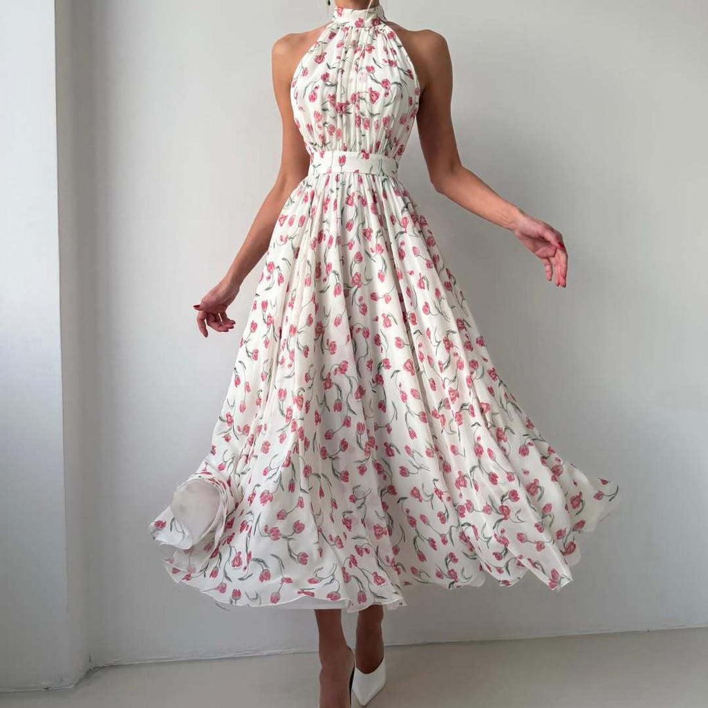 Women French Halter Floral Dress Summer Waist Slimming Sleeveless Mid Length A line Dress