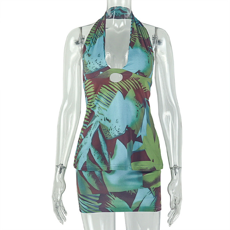 Special Women Clothing Color Matching A Shaped Skirt Waist Tight V-neck Halter Office Two Piece Sets