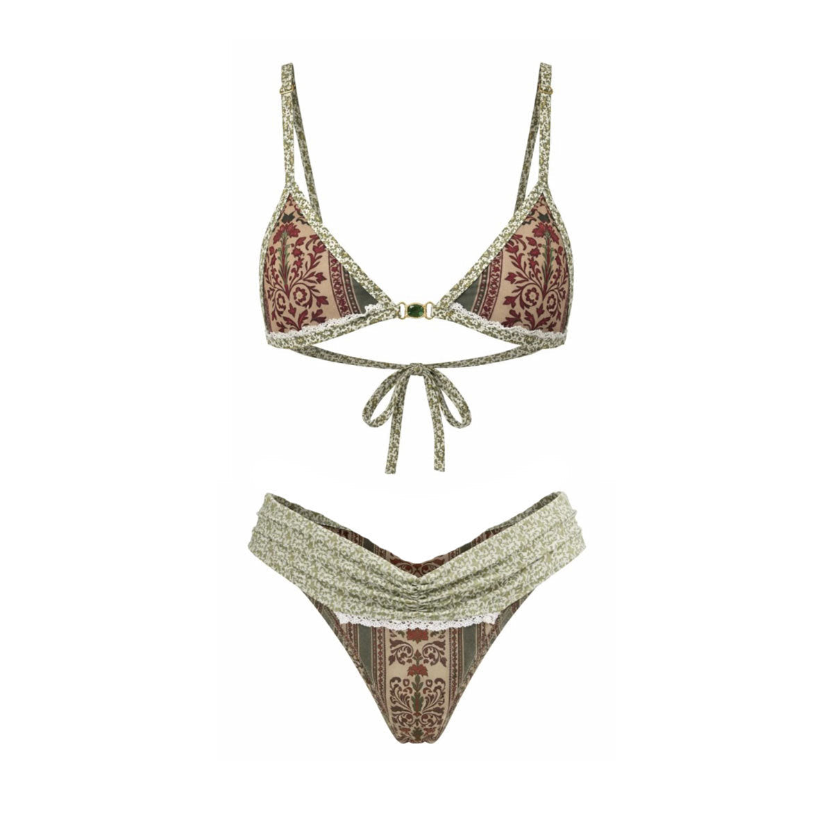 Woman wearing a boho-inspired olive green, maroon, and cream floral halter one-piece swimsuit with ruffled details and lace-up closure.