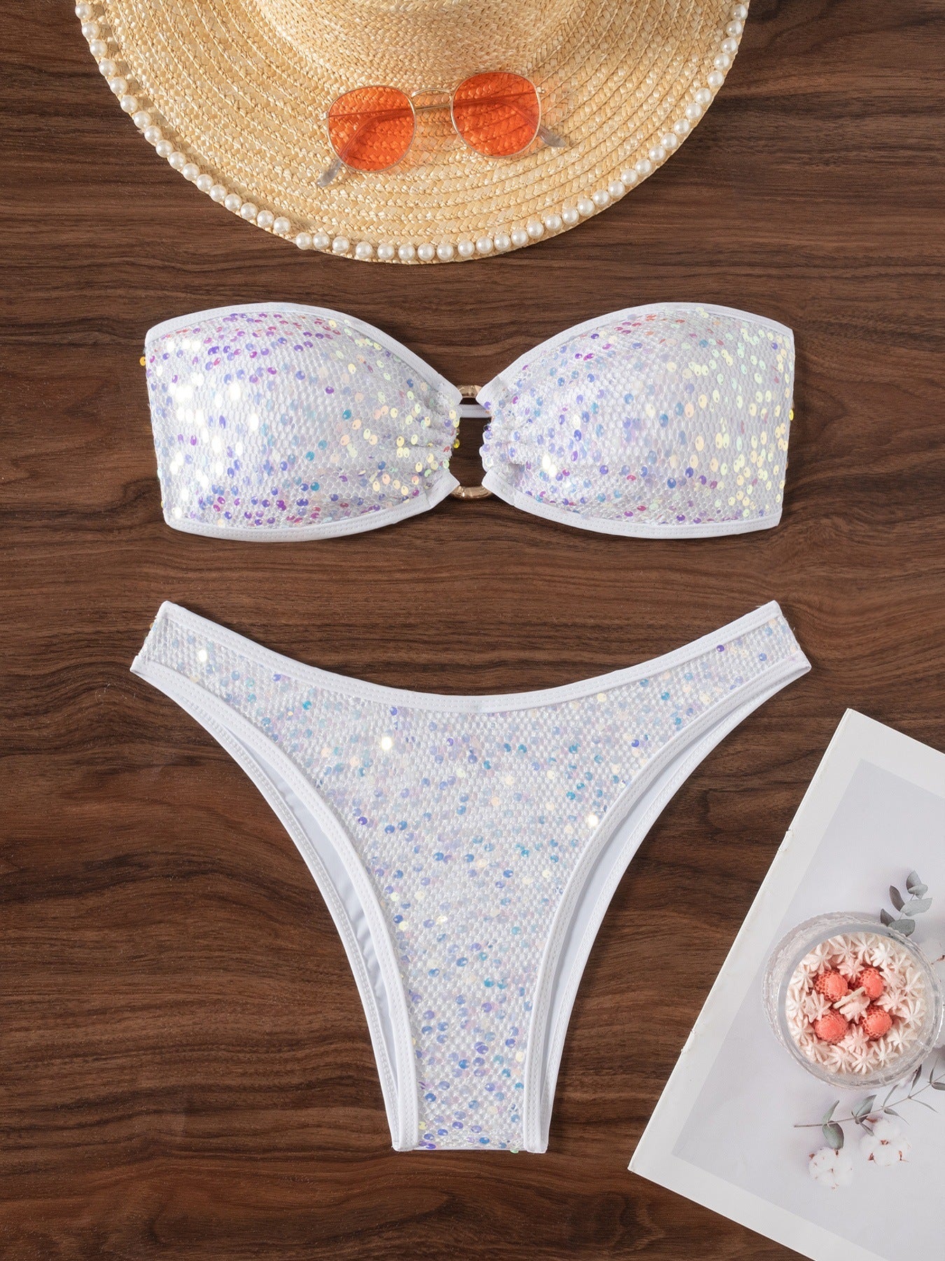 Glamorous Strapless Sequin Banded Bikini with Cutout Details