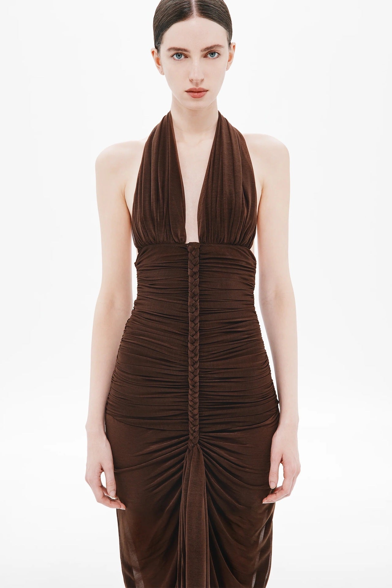 Sexy V-Neck Backless Ruched Halter Dress Slim Fit Evening Gown