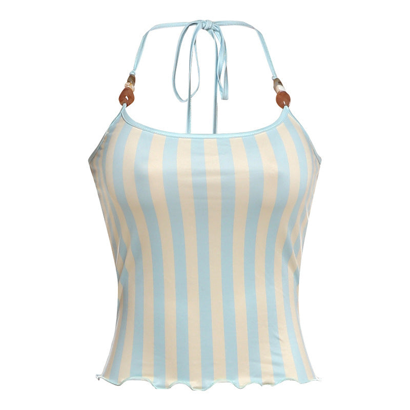 Summer Women Clothing Sexy Halter Beaded Backless Slim Fit Striped Printed Vest Top