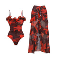 Swimsuit Ruffled Mesh Stitching Printing One Piece Swimsuit Set Women Maxi Dress