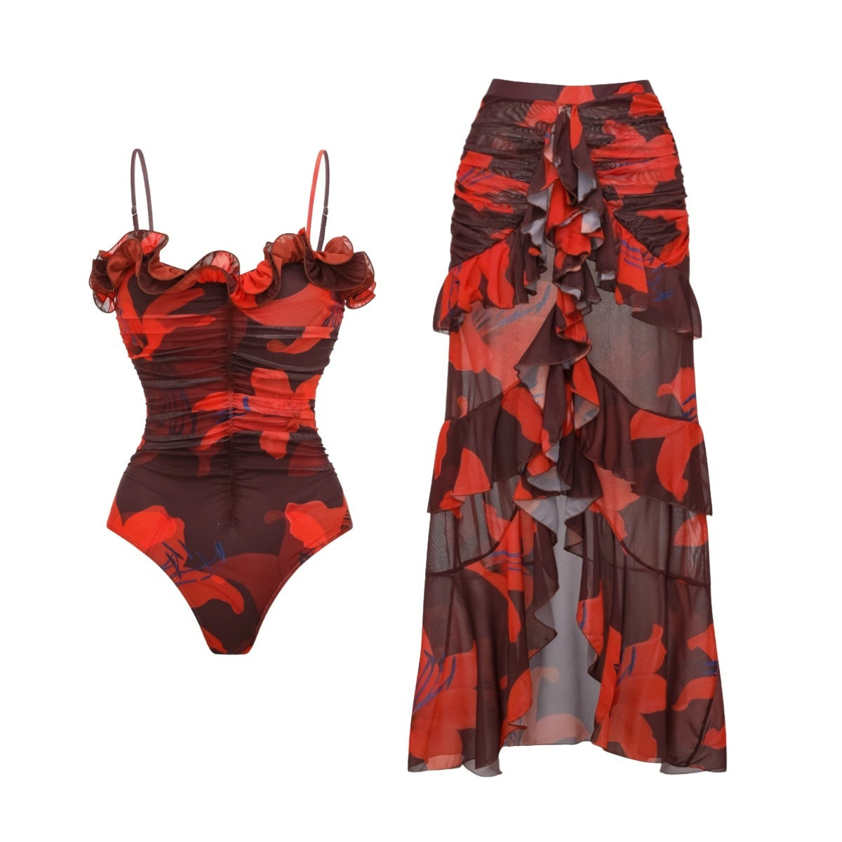 Swimsuit Ruffled Mesh Stitching Printing One Piece Swimsuit Set Women Maxi Dress