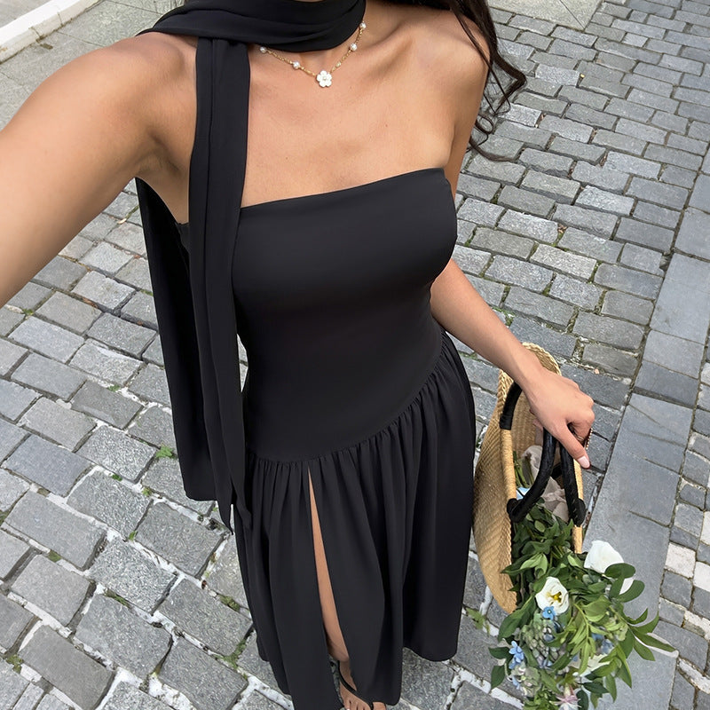 Minimalist Affordable Luxury Black Tube Top Stitching Big Swing Dress