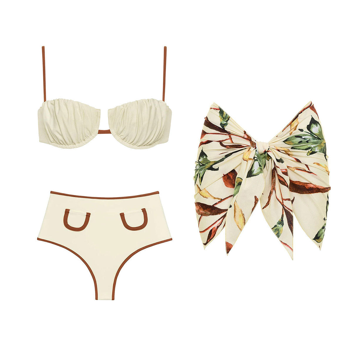 Woman wearing a high waist bikini skirt three-piece swimsuit set in a boho vacation style.