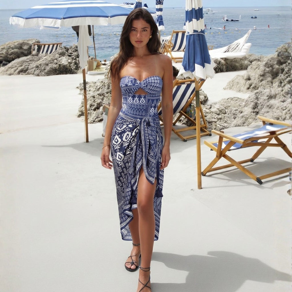Retro Ethnic Navy Blue Tube Top One Piece Swimsuit Women Two Piece Set Hollow Out Cutout Corset Tassel Vacation Swimsuit Women