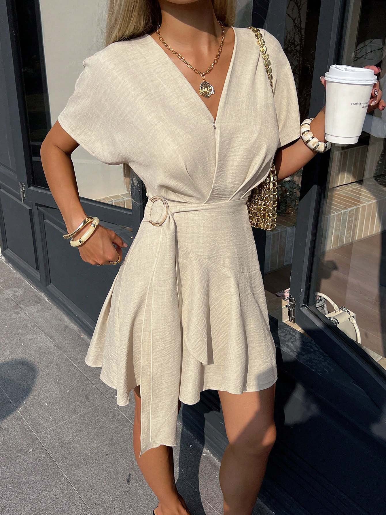 Gentle V neck Dress Tight Waist Slimming Irregular Asymmetric Niche Design