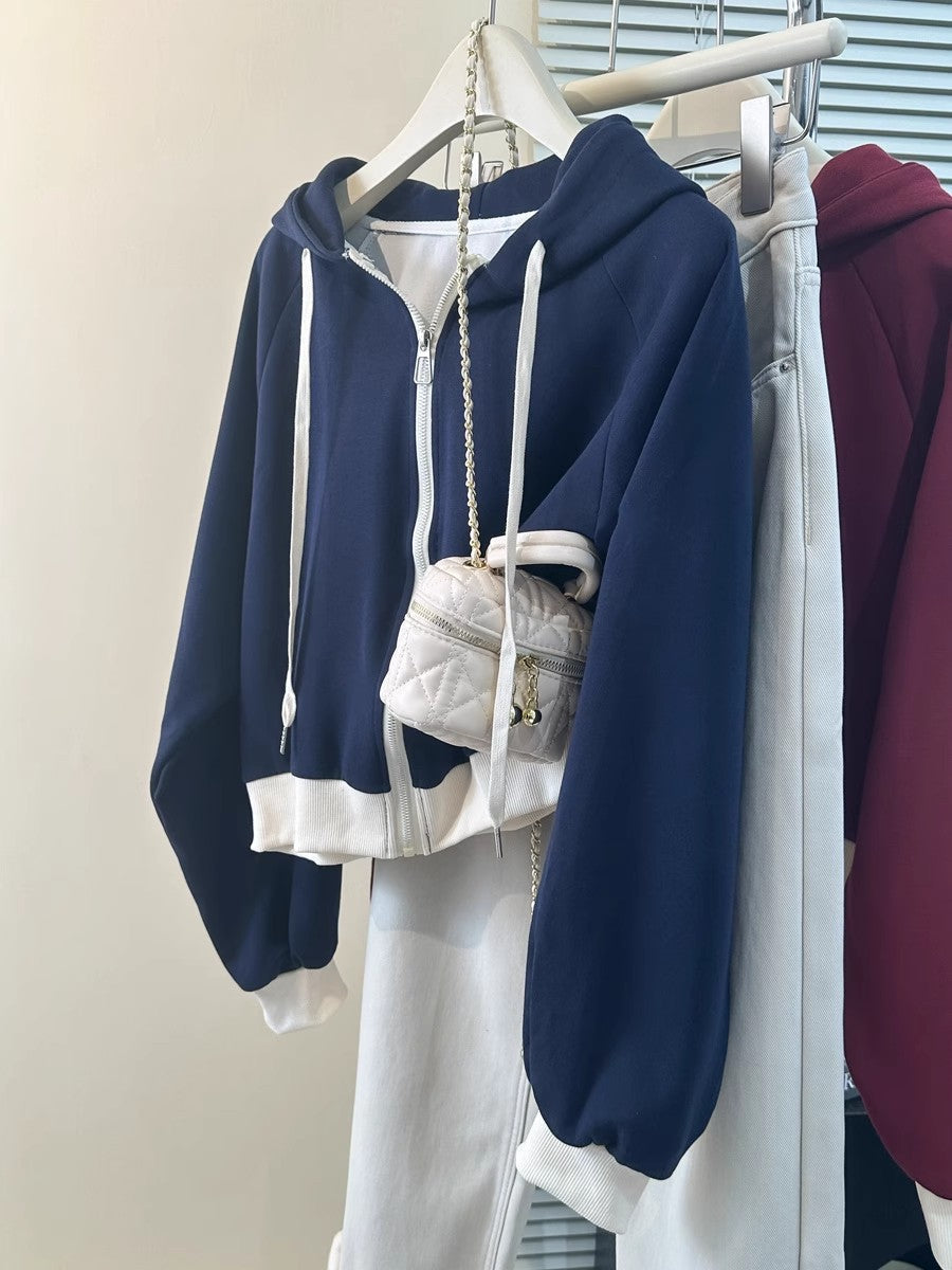 Women's Navy Blue & White Color-Blocked Cropped Hoodie - Image 6