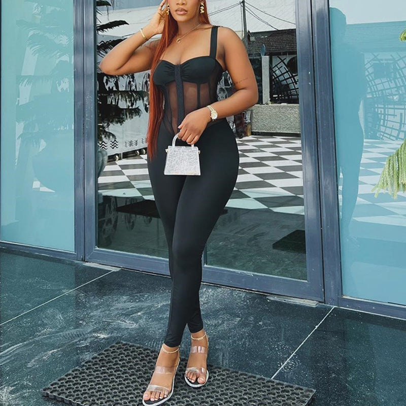 Solid Color Design Women Sports High Waist Jumpsuit Tight Elastic Sling Micro Transparent Jumpsuit